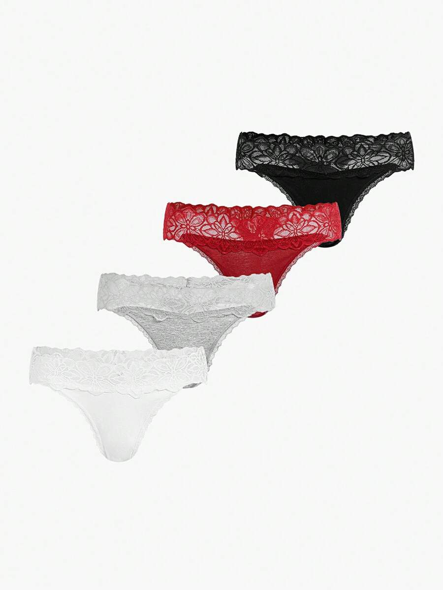 Bisouelle Women's Lace Patchwork Thong Panties, Featuring Delicate Lace Pattern. Made Of Skin-Friendly Fabric, Sexy Low-Waist Design. Exquisite Floral Lace Ladies' Lingerie, High Cost-Performance, Suitable For Dates, Daily Wear And Parties. - Multicolor - View 1