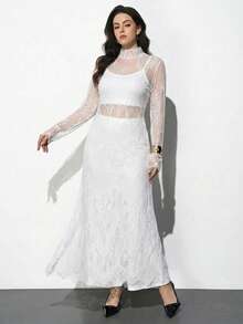 Maija Plus Size 2026 New Early Spring Suitable For 5-15°C, Layering, Modern Urban Style, Lace Fabric, Waist-Cinching Fitted Silhouette, Women's Long Dress, Elegant Versatile Daily Wear, Autumn/Winter New Year Party Dress - White - View 3