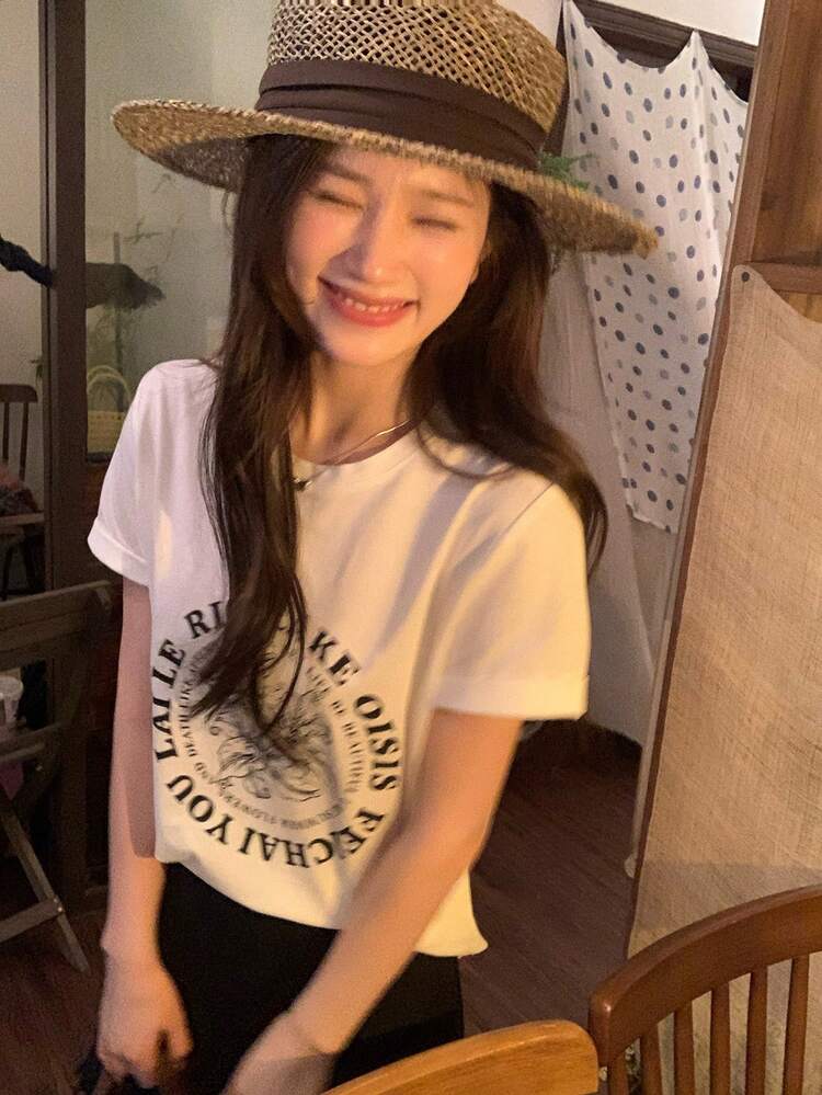 Women's Round Neck Printed Casual Korean Style Short Sleeve T-Shirt