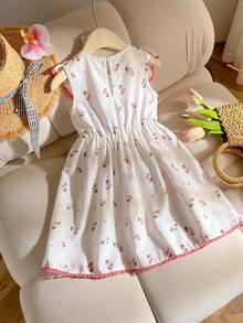 SHEIN 1pc Girls Summer New Round Neck Ruffle Trim Front, Open Water Drop Waist Elastic Ditsy Floral Casual Sweet Vacation Dress - Multicolor - View 2