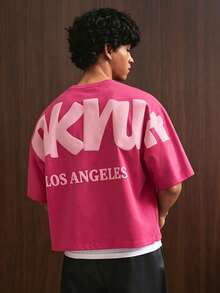 TOKVUE Men's Letter Print Loose Fit Round Neck Short Sleeve T-Shirt, Summer - Hot Pink - View 4