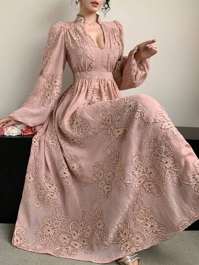 DAZY 女士V领蕾丝拼接印花长款休闲派对优雅连衣裙太阳裙