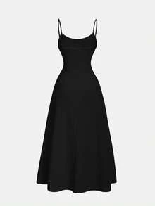 SHEIN Tall CURVE Đầm dự tiệc cỡ lớn dành cho nữ, màu trơn, xếp ly, thanh lịch, thắt eo. - màu đen - Xem 5