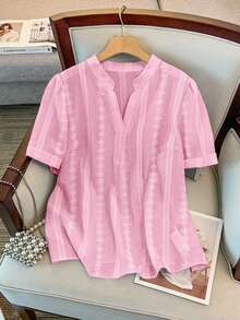 GlowEve CURVE Women's Summer Elegant Pink Floral V-Neck Short Sleeve Blouse,Party Casual Loose Ruffle Striped Stand Collar Shirt For Daily Commute Office Wear - Baby Pink - View 3