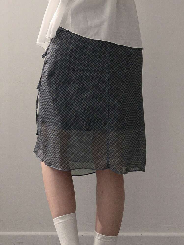 Plaid Oblique Collar Fitted Casual Vacation Summer Women Skirt