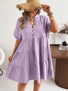 Plus Size V-Neck Polo Sleeve Casual Washed Gauze Crinkle Dress - Mauve Purple - View 5