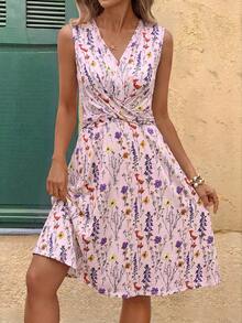 SHEIN Clasi Women's Sleeveless Twist Waist A-Line Floral Print Dress, Slimming Fit, Suitable For Daily And Vacation Occasions, Summer Boho Pink Floral - Pink - View 3