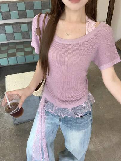 Women's Contrast Lace Ruffle Hem Tie Neck Casual Vacation Summer Lightweight Knit Top