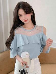 DAZY Women's Mesh Patchwork Ruffle Hem Short Sleeve Round Neck Blouse - Blue - View 1