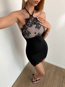 SHEIN DivaQ Đầm ôm sát không tay, hở lưng, phối ren dành cho nữ, thời trang mùa hè. - màu đen - Xem 3
