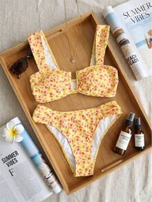 Swim Mod Bộ bikini nữ mới họa tiết chấm bi, dây đeo rộng, cổ chữ U, áo croptop và quần bikini xẻ cao, đồ bơi mùa hè gợi cảm. - Nhiều màu - Xem 3