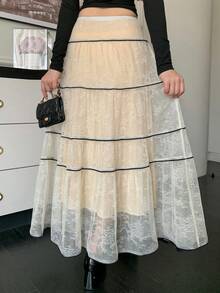 Joudiya 春夏休閒性感縫線裝飾傘裙女款裙子 - 米色 - 查看 2