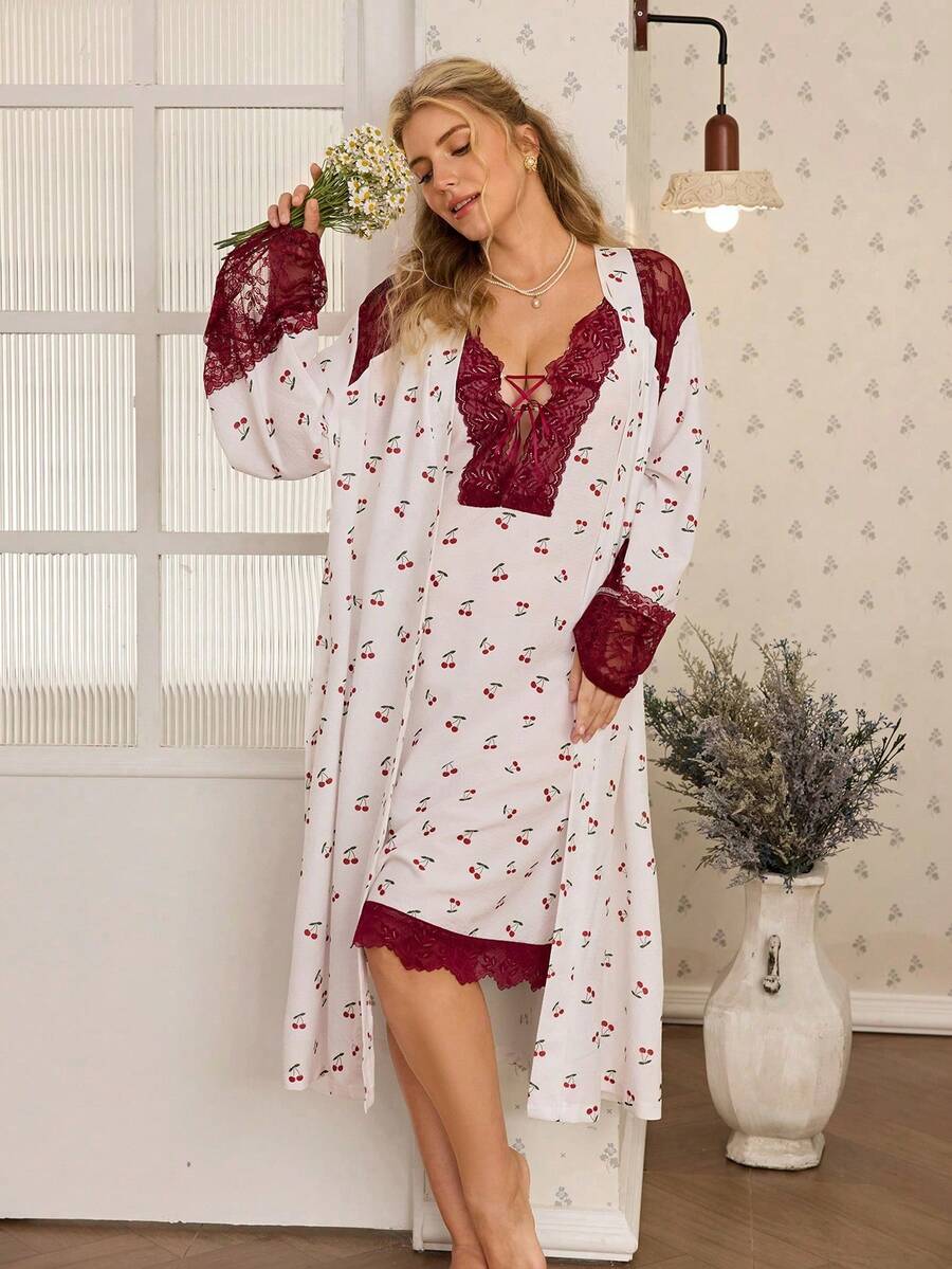 CottageSlumber Plus Size 2pcs Sleepwear Set, Lace Patchwork Cherry Print Robe & Nightgown - Multicolor - View 1