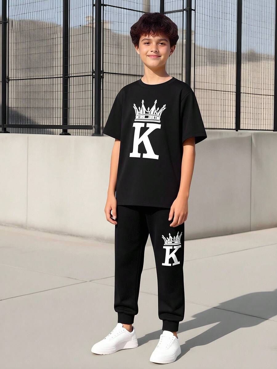2pcs/Set Boys' Casual Minimalist Printed Short Sleeve T-Shirt And Knit Jogger Pants, Summer Outfit - Black - View 1