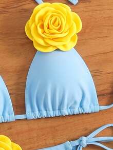 Bộ bikini đen gợi cảm dành cho nữ, kiểu tam giác, cổ yếm, họa tiết hoa 3D. - Nhiều màu - Xem 4