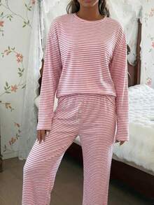 SHEIN Conjunto de pijama de mujer casual con cuello redondo, manga larga y estampado de rayas suelto - Rosa Pálido - Ver 6