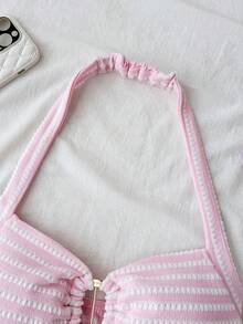 SHEIN 少女夏季新款粉色纹理条纹前金属扣装饰吊带背心 - 粉色 - 查看 4