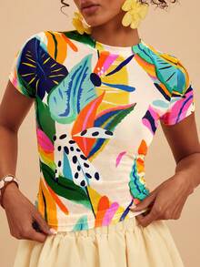 Travachic Nueva blusa casual de manga corta con estampado, ajustada y de malla transparente con plisados, adecuada para vacaciones/ocio y diversas ocasiones relajadas, Primavera/Verano 2026 - Multicolor - Ver 8