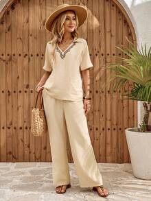 EMERY ROSE Bộ 2 món áo và quần ngắn tay họa tiết cây cỏ dành cho nữ, thích hợp cho kỳ nghỉ hè. - Màu Khaki - Xem 3
