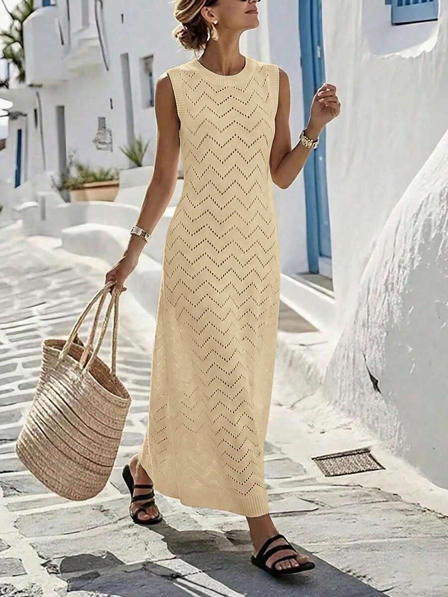 SHEIN Holidaya Áo khoác ngoài bikini dệt kim màu trơn gợi cảm khoét lỗ, thích hợp mặc đi biển. - Màu be - Xem 1