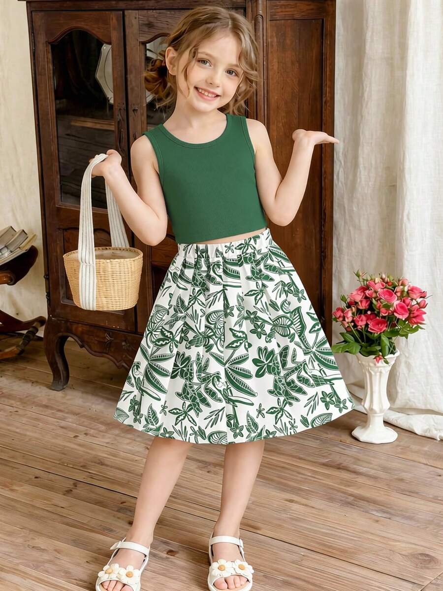 Bộ 2 món áo hai dây và chân váy tối giản cho bé gái, thời trang và đa năng, sản phẩm bán chạy nhất mùa hè. - màu xanh lá - Xem 1