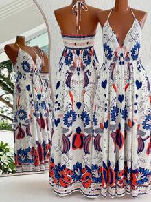 Sweetra Bohemian Style Printed Beach Slip Dress - Coral Orange - View 2