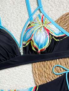 Swim Lushoire Bộ đồ bơi mùa hè mới dành cho nữ, kiểu dáng dây mảnh, hở lưng, cổ chữ V sâu, thắt dây chéo bên hông, quần tam giác, họa tiết hoa, thích hợp cho kỳ nghỉ. - Nhiều màu - Xem 5
