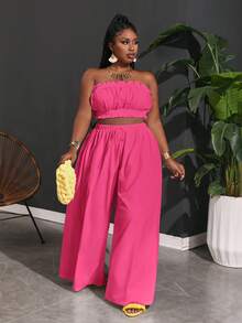 Slaydiva 女士加大码荷叶边吊带背心和纸袋腰阔腿裤 - 玫紅色 - 查看 9