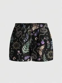 ROMWE Quần short đen dáng rộng in hình trăng lưỡi liềm và sao kiểu Gothic, cỡ lớn. - màu đen - Xem 1