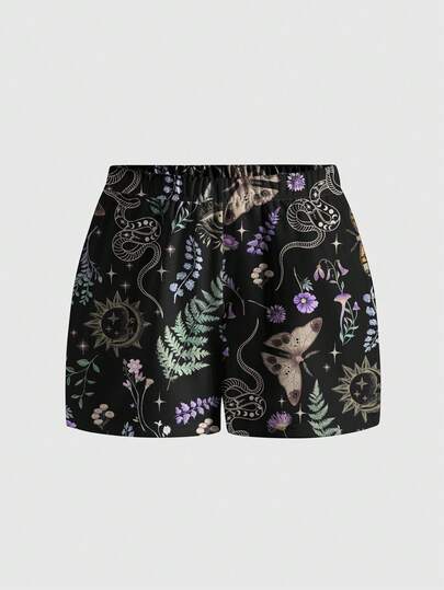 ROMWE Goth Pantalones cortos negros holgados con estampado de luna creciente y estrella para tallas grandes