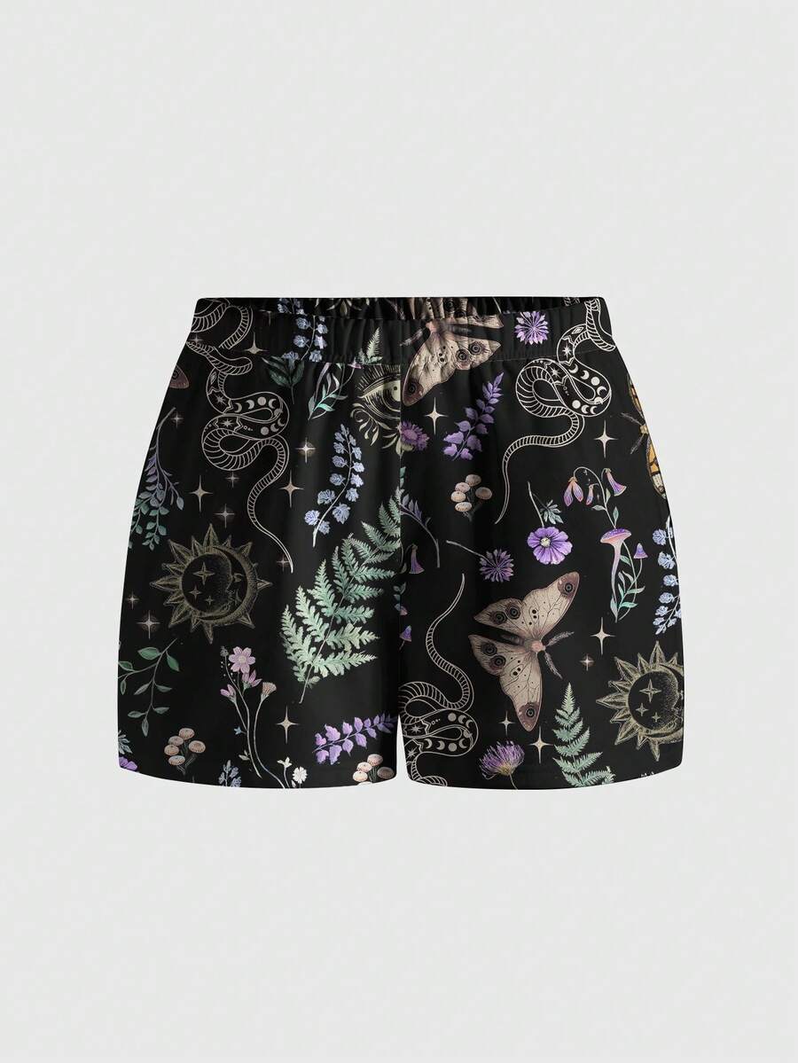 ROMWE Quần short đen dáng rộng in hình trăng lưỡi liềm và sao kiểu Gothic, cỡ lớn. - màu đen - Xem 1