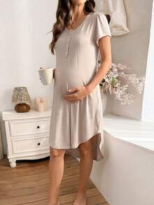 Moonlight&Mama Casual Solid Color Snap-Button Cotton Maternity Nightgown Dress, Comfortable For Leisure And Home Wear - Apricot - View 6