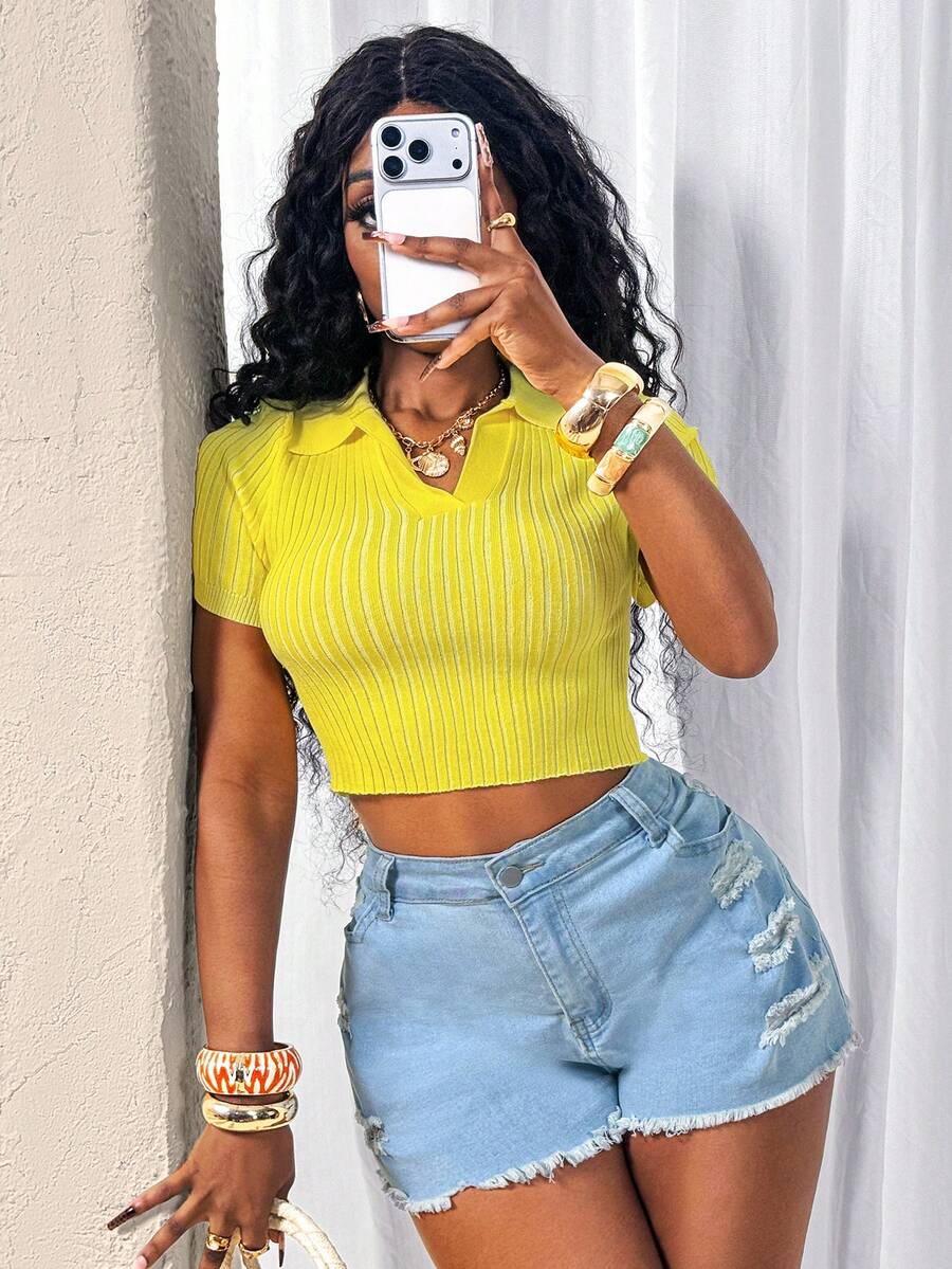 Women's Yellow Polo Neck Knit Top, Summer - Yellow - View 1