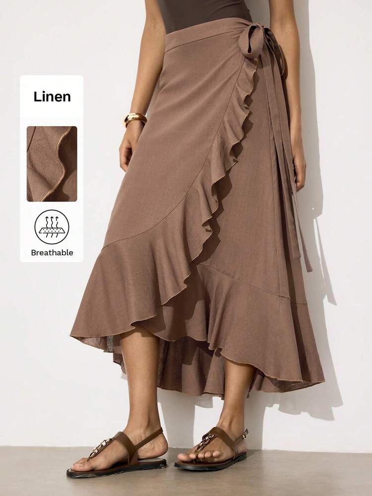 SHEIN Maija Women's Fashion Solid Color Asymmetrical Hem Ruffle Hem Skirt,Summer Beach Skirt,Casual Skirt,Beach Fashion