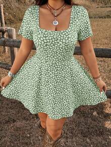 Ceyna Plus Size Ditsy Floral Square Neck Knit Casual Boho Capsule Wardrobe Jumpsuit Vacation Carribean Green Summer - Green - View 7