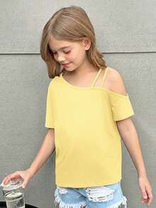 Firerie Kids Firerie Kids Nova Glow 少女休闲度假纯色针织单肩短袖上衣 - 黃色 - 查看 4