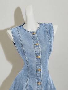 SHEIN MOD Đầm ngắn không tay bằng vải denim dành cho nữ, kiểu dáng ôm vừa vặn, màu xanh dương. - Rửa nhẹ - Xem 3