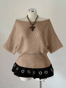 Sweetra Plus Size Women's Fashionable Elegant Dark Aesthetic Y2K Style Short Sleeve Knit Top, Suitable For Spring, Summer, Autumn Wear, Suitable For Commuting - Khaki - View 1