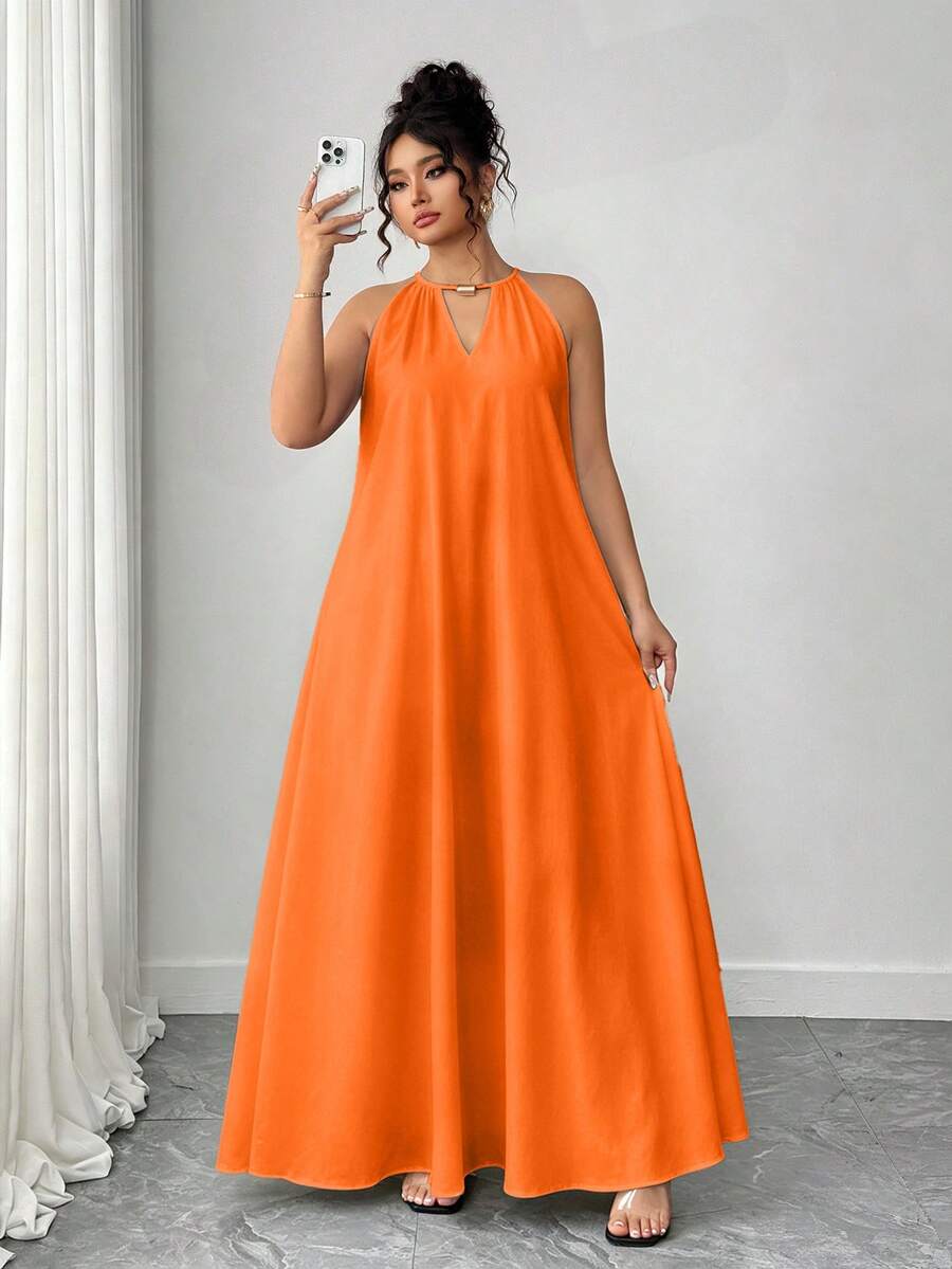 SHEIN Tall CURVE 永不过时的古怪优雅系列(忧郁气质)(周三美学)大码女式编织休闲露背宽松黑色连衣裙,适合高个子 - 橘色 - 查看 1