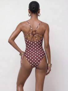 Maija Women's Polka Dot Print One-Piece Swimsuit, Casual Vacation Poka Dots Bathing Suit Bathing Suits For Women Polka Dot Polka Dot One Piece - Coffee Brown - View 2