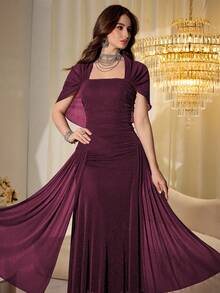 Modelyn Elegant Mesh Shiny Strapless Shawl Sleeve Fitted Long Dress For Women, Spring & Autumn - Red Violet - View 6