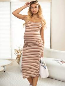 SHEIN 孕妇条纹印花无袖连衣裙 - 摩卡棕 - 查看 5