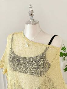 SHEIN EZwear 大码女式绿色荷叶边半透明休闲钩针披肩，适合夏季外出和约会 - 鵝黃色 - 查看 4