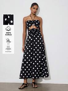 Gossip Girl X SHEIN SHEIN Maija 女士时尚波点印花串珠吊带系带连衣裙 - 黑色 - 查看 4