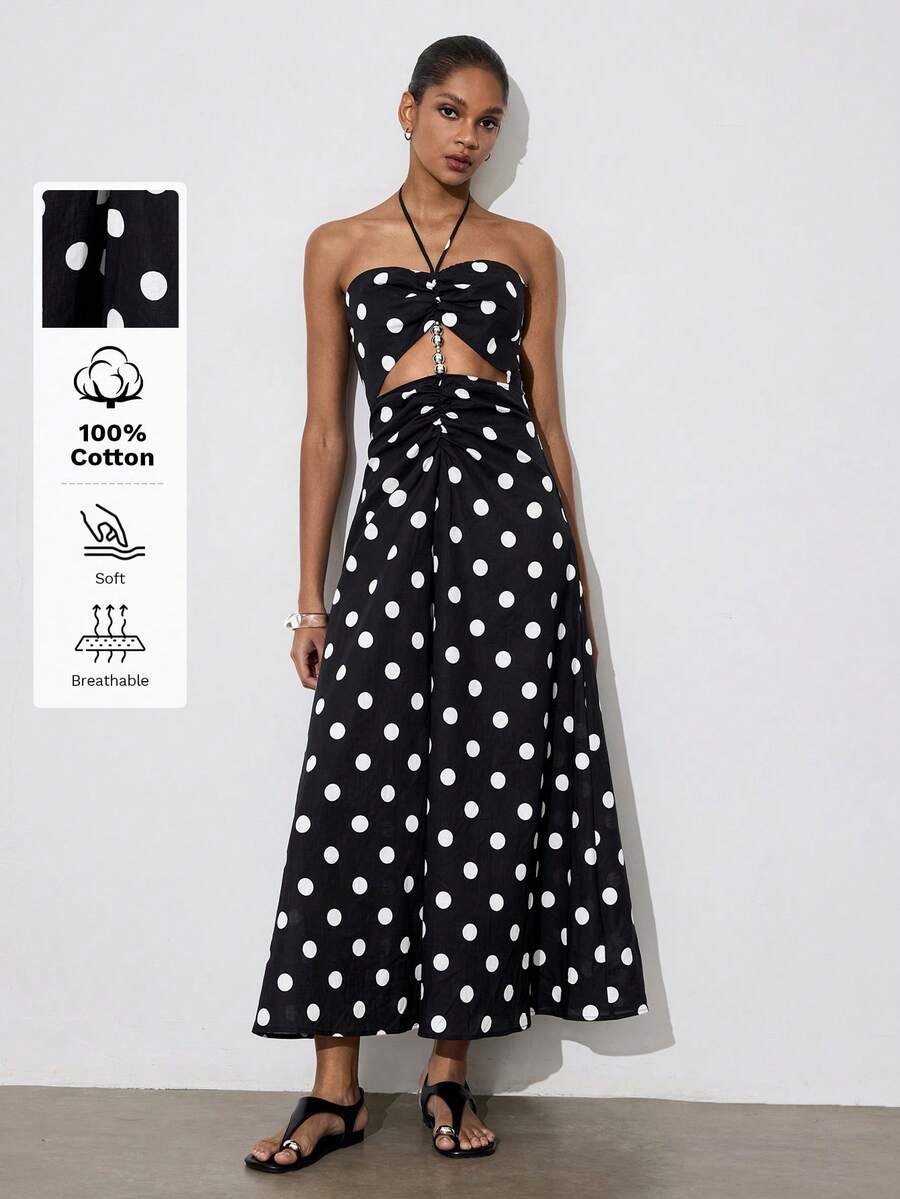 Gossip Girl X SHEIN SHEIN Maija 女士时尚波点印花串珠吊带系带连衣裙 - 黑色 - 查看 1