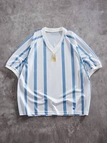 ROMWE MEN Áo thun nam dáng rộng cổ chữ V tay raglan kẻ sọc, thích hợp mặc mùa hè. - Xanh và trắng - Xem 1