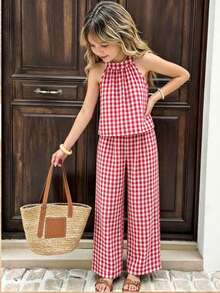 Sparklyn Girls' Beach Vacation Basic Halter Shirt + Loose 3/4 Pants Woven Floral 2 Pieces Set - Red - View 1