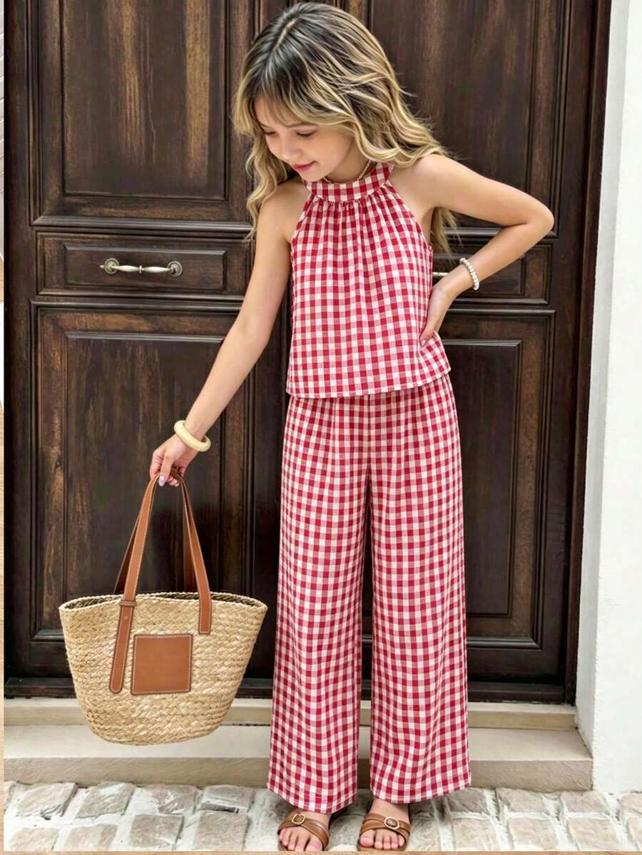 Sparklyn Girls' Beach Vacation Basic Halter Shirt + Loose 3/4 Pants Woven Floral 2 Pieces Set - Red - View 1