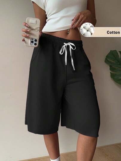 Comfortcana Plus Size Women's Casual Sports Style Pure Cotton Black Drawstring Bermuda Shorts, Versatile Matching, With Pockets, Retro College Style, Vintage Sports Vibe