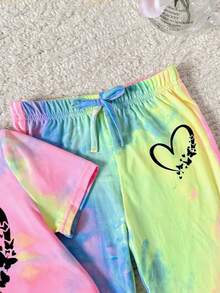 Set de 2 piezas de top de manga corta con estampado de corazón teñido anudado y pantalones acampanados, informal, suave y cómodo para niñas, apto para verano, todas las estaciones, otoño - Multicolor - Ver 4